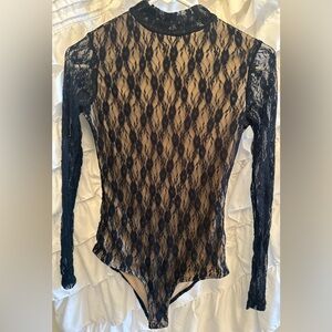 Self Esteem Beige And Navy Blue Floral Lace Bodysuit Size Juniors XS
